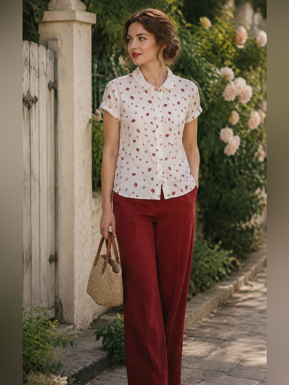 Meemoza White Strawberry novelty Print Button Top Lace Collar organic cotton M